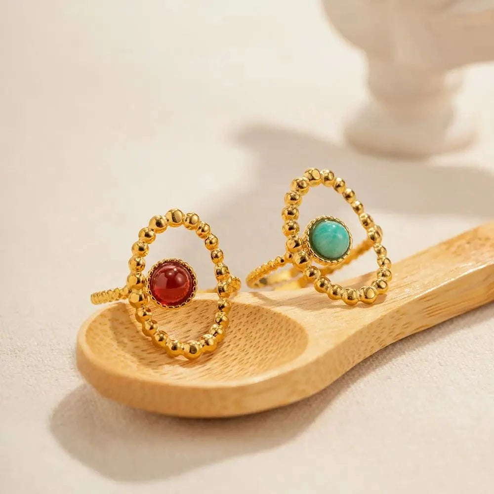 R1988 Exaggerated Stainless Steel 18K Gold Plated Opening Jewelry Nature Stone Oval Bead Chain Hollow Rings