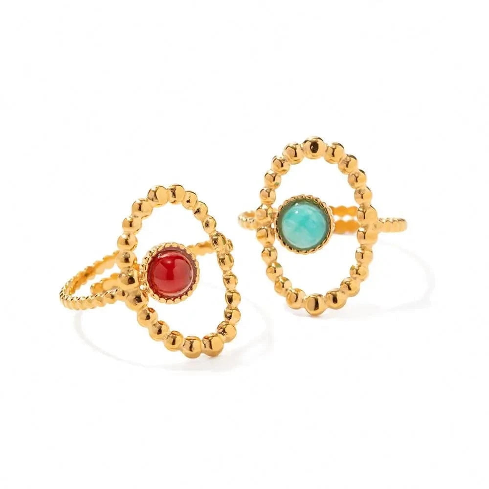 R1988 Exaggerated Stainless Steel 18K Gold Plated Opening Jewelry Nature Stone Oval Bead Chain Hollow Rings