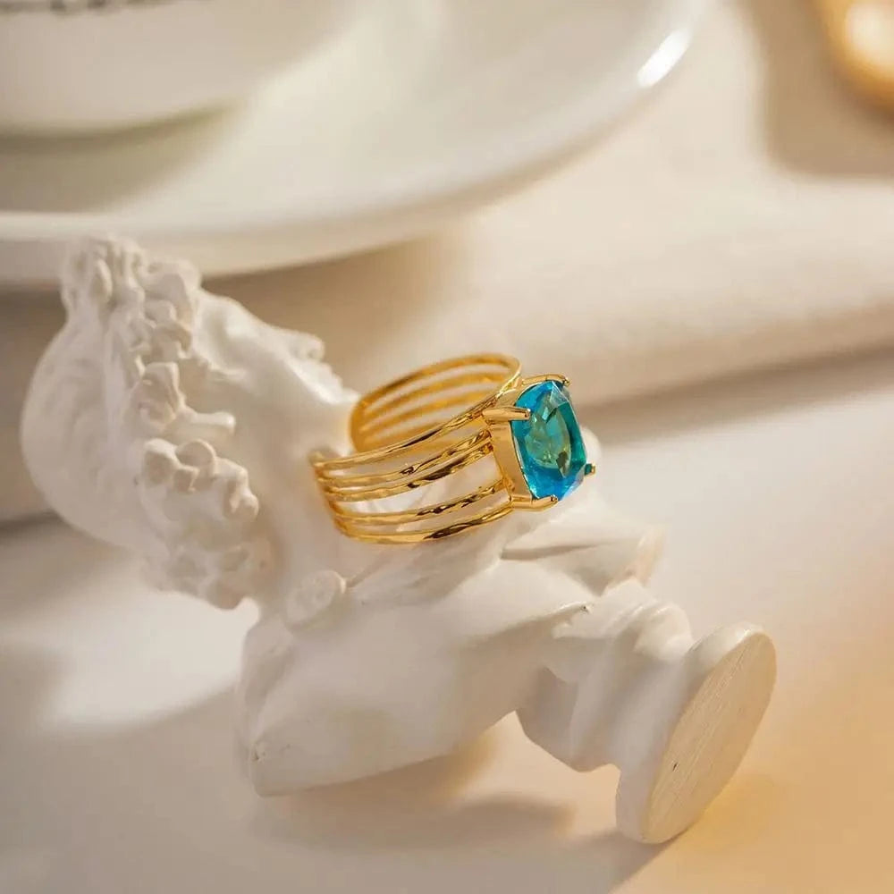 R1990 R1990 Mulit Layer Stainless Steel 18K Gold Plated Opening Ring Gift Hollow Rectangle Cubic Zircon Rings