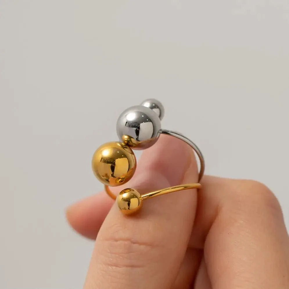 R2014 Minimalist 18K Gold IP Plating Punk Bead Ring Women Stainless Steel Small Ball Open Ring