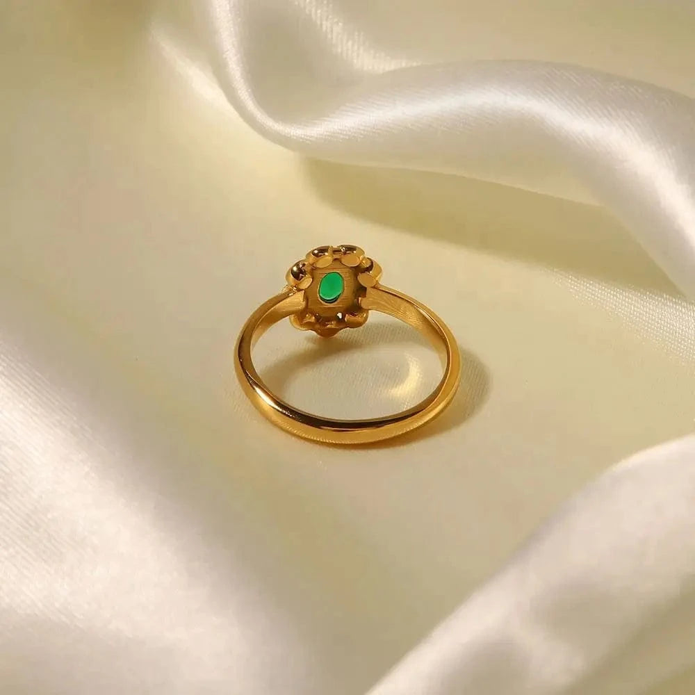 R2015 White Pearl Shiny Cubic Zircon SunFlower Ins Fashion 18K PVD Gold Plated Stainless Steel Stacking Ring