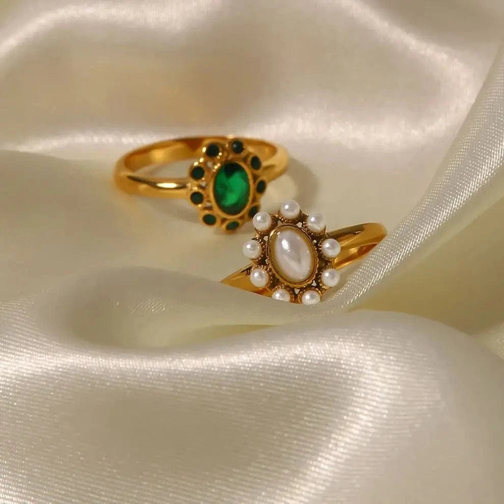 R2015 White Pearl Shiny Cubic Zircon SunFlower Ins Fashion 18K PVD Gold Plated Stainless Steel Stacking Ring