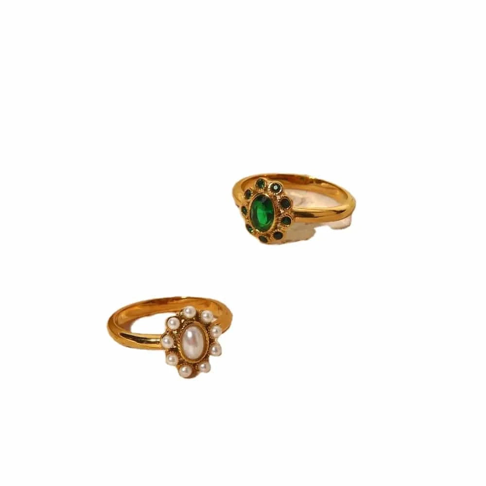 R2015 White Pearl Shiny Cubic Zircon SunFlower Ins Fashion 18K PVD Gold Plated Stainless Steel Stacking Ring