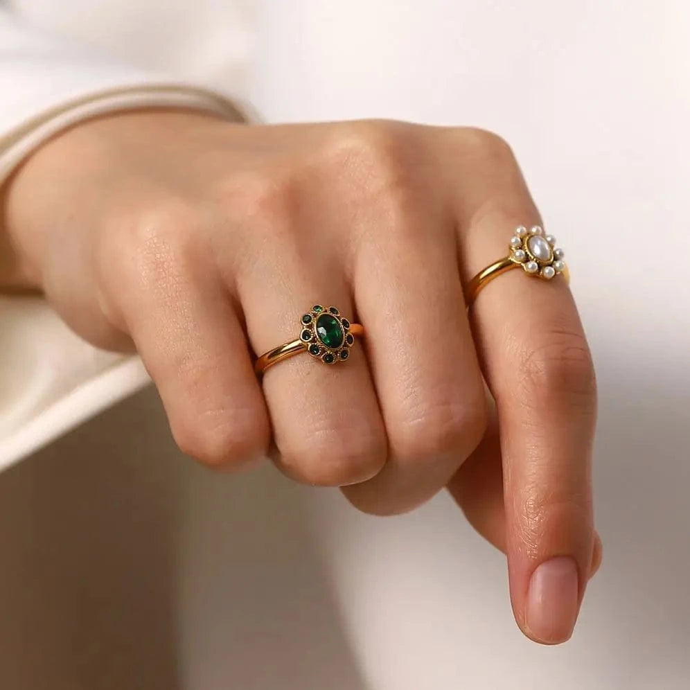 R2015 White Pearl Shiny Cubic Zircon SunFlower Ins Fashion 18K PVD Gold Plated Stainless Steel Stacking Ring