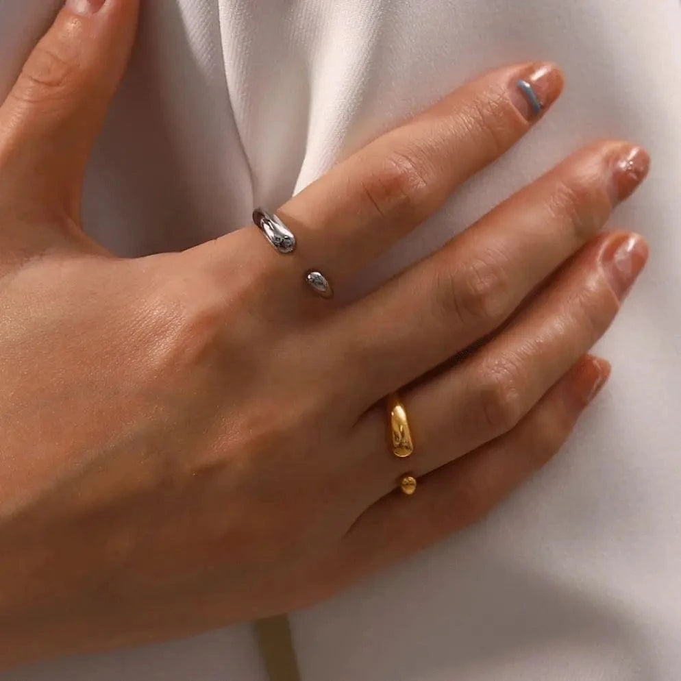 R2018 High Polished Waterdrop Geometric 18K Gold Plated SIlver Plated Stainless Steel Opening Rings