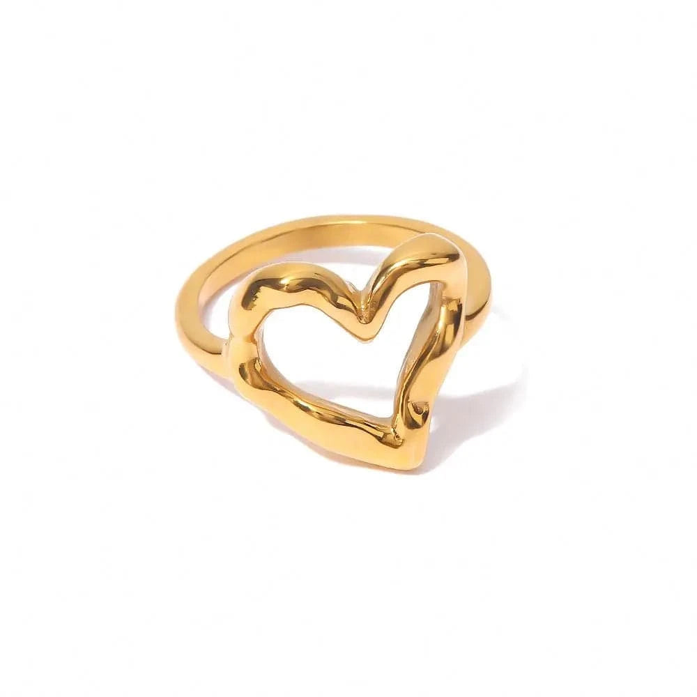 R2028 Waterproof 18k Gold Plated Stainless Steel Jewelry Hammer Pattern Hollow Heart Rings for Women