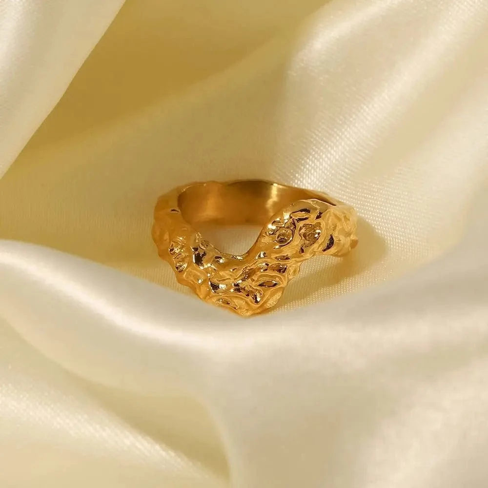 R2071 Punk 18K Gold Plated Stainless Steel V Shape Hammered Surface Minimalist Hip Hop Rings Jewelry