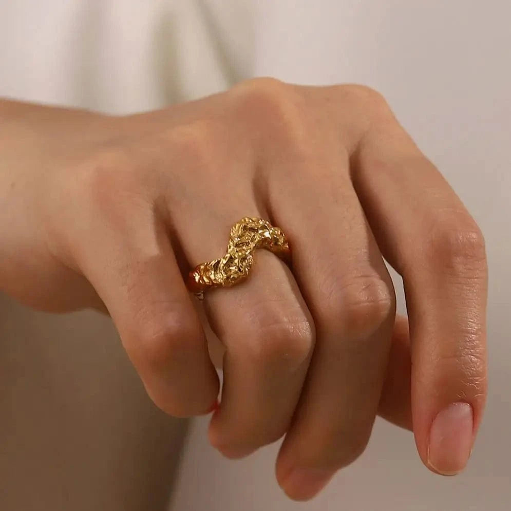 R2071 Punk 18K Gold Plated Stainless Steel V Shape Hammered Surface Minimalist Hip Hop Rings Jewelry