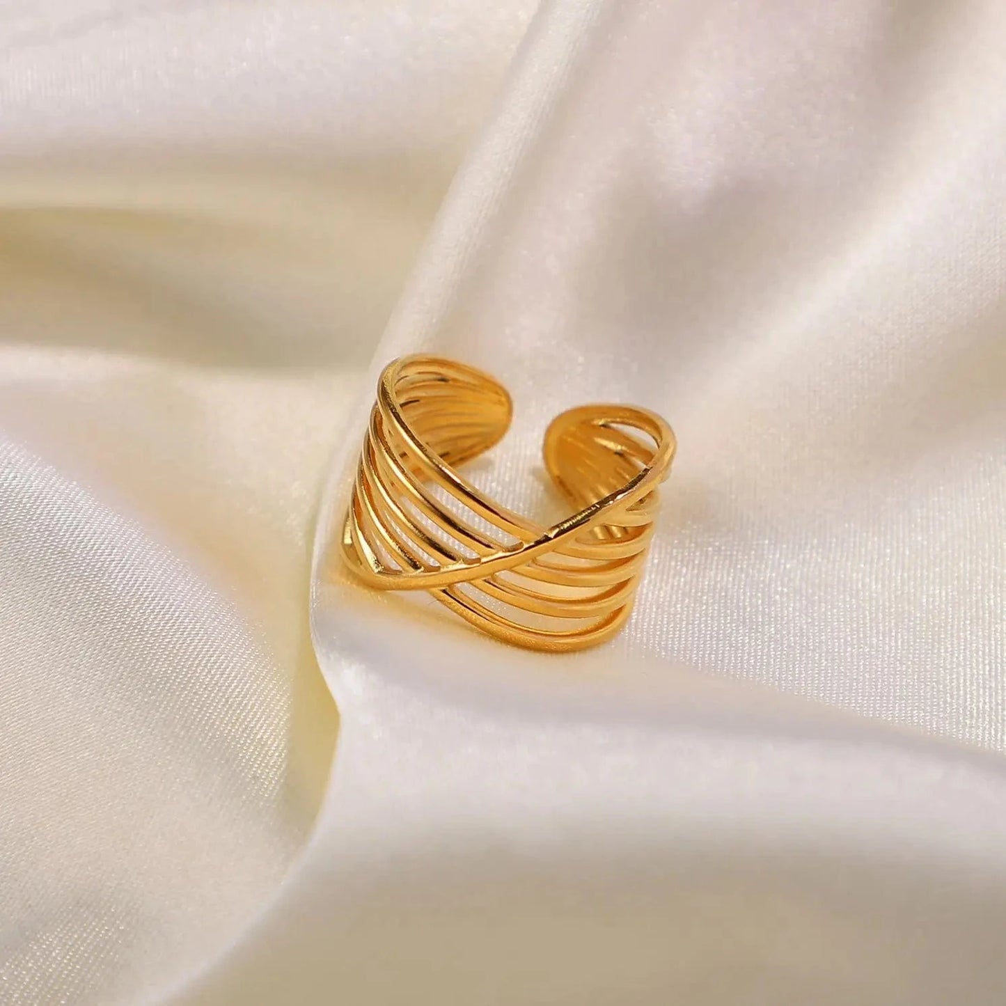 R2117 R2117 Bagues PVD Gold Plated Stainless Steel Multi Layer Geometric Cross Open Adjustable Rings