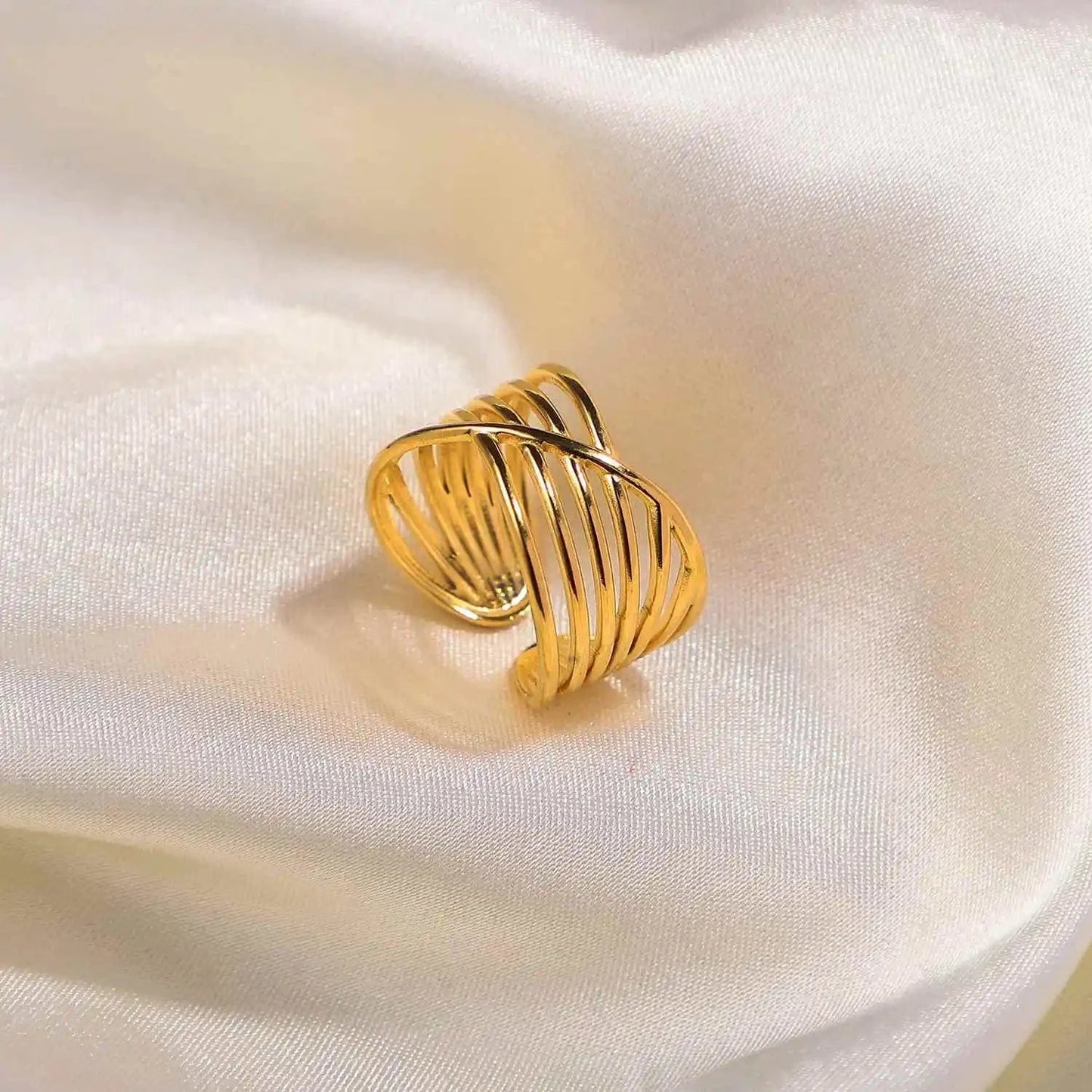 R2117 R2117 Bagues PVD Gold Plated Stainless Steel Multi Layer Geometric Cross Open Adjustable Rings