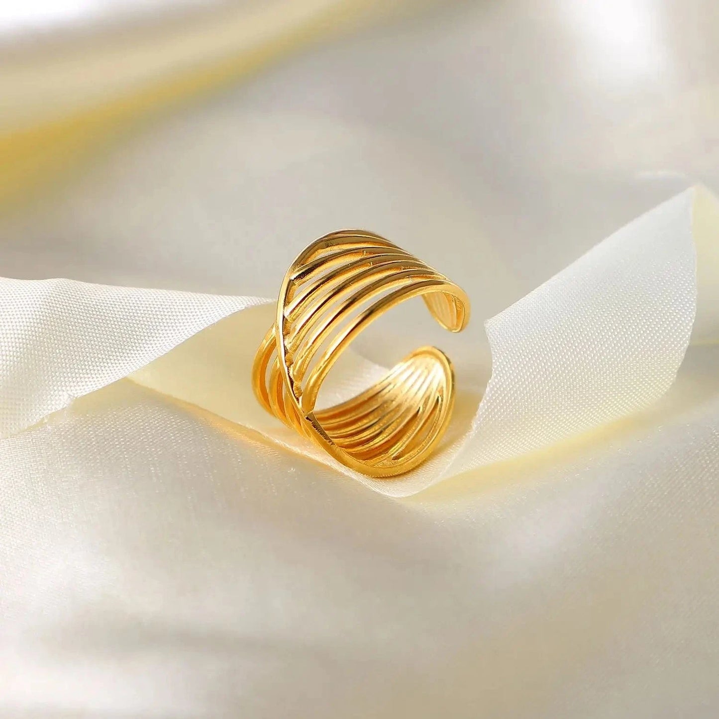 R2117 R2117 Bagues PVD Gold Plated Stainless Steel Multi Layer Geometric Cross Open Adjustable Rings