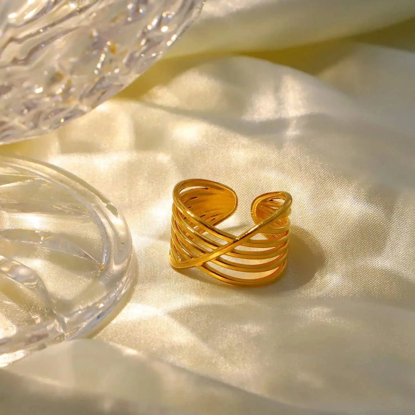 R2117 R2117 Bagues PVD Gold Plated Stainless Steel Multi Layer Geometric Cross Open Adjustable Rings