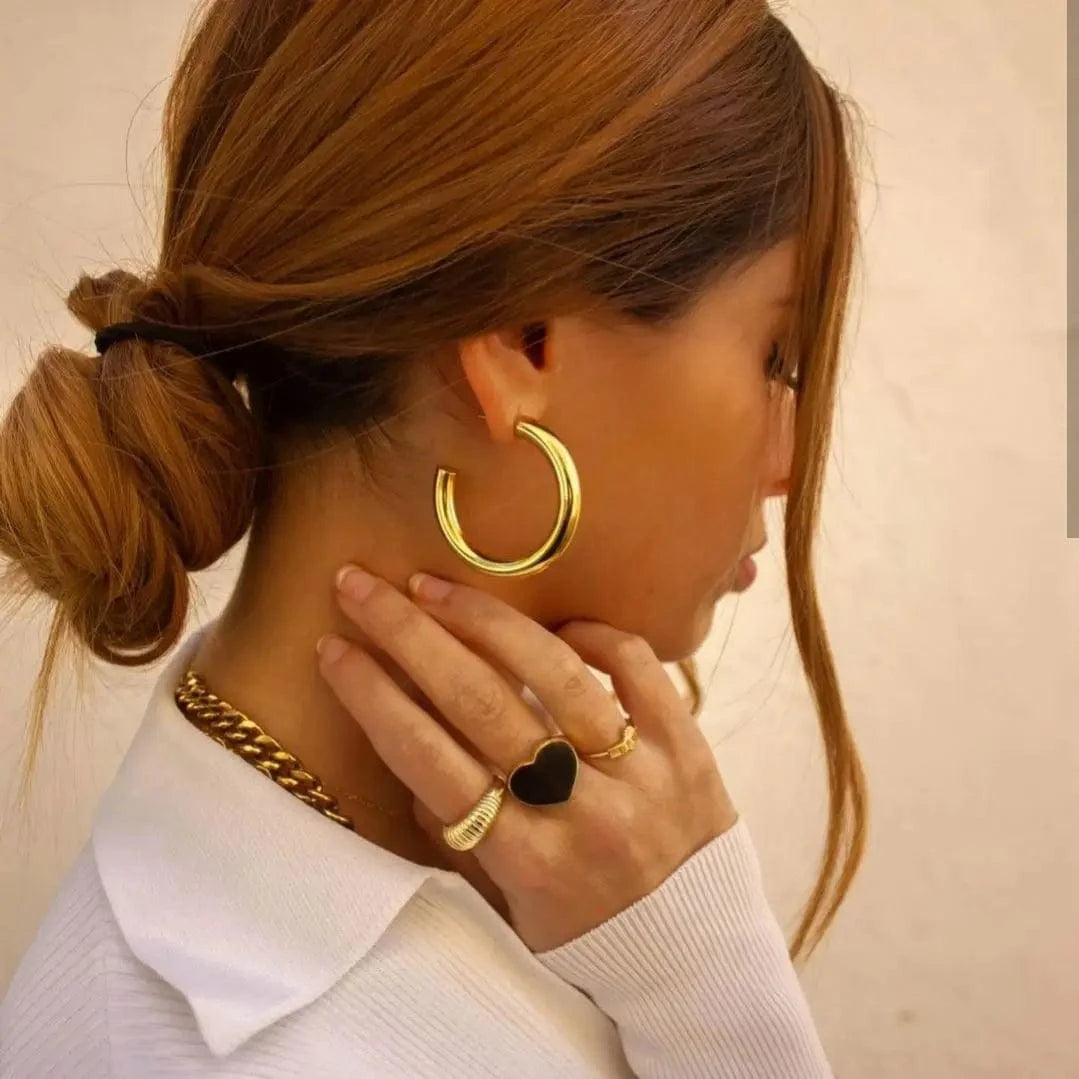 R2144 Waterproof 18K Gold IP Plating Croissant Finger Rings Stainless Steel Striped Chunky Ring for Women