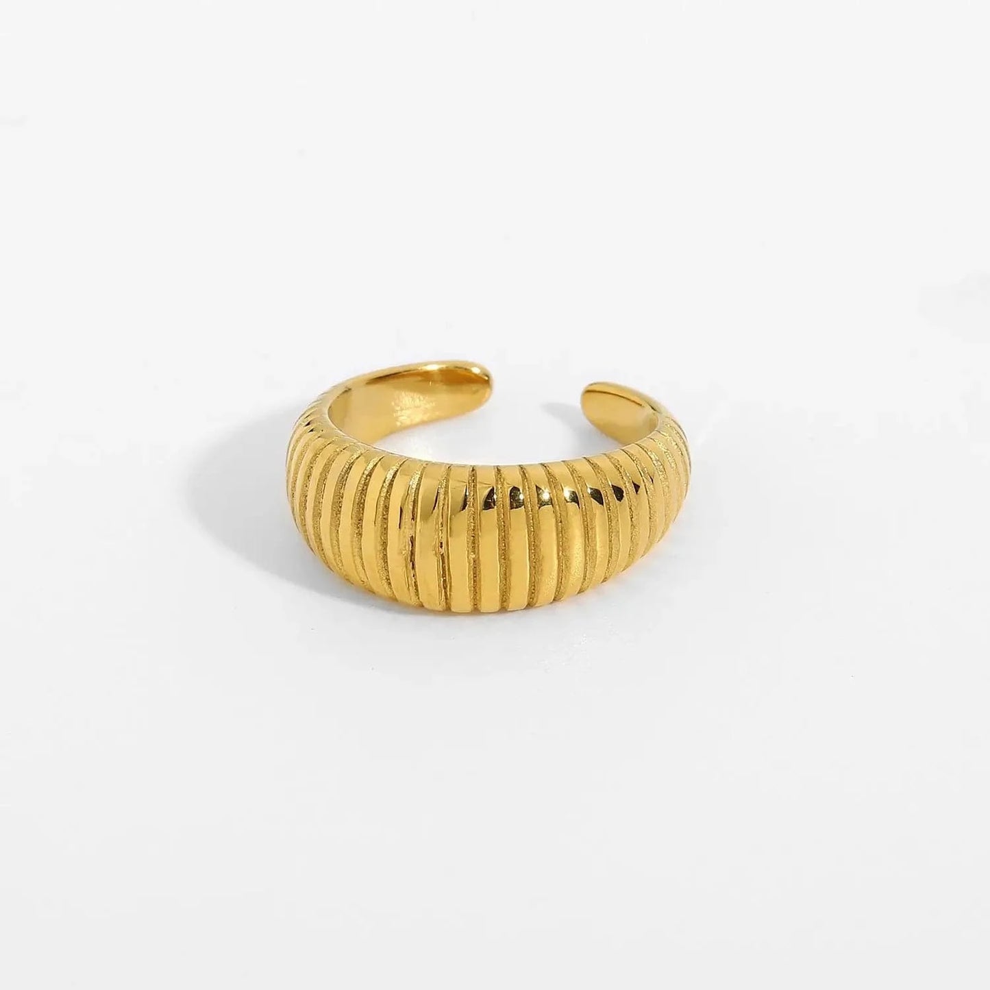 R2144 Waterproof 18K Gold IP Plating Croissant Finger Rings Stainless Steel Striped Chunky Ring for Women