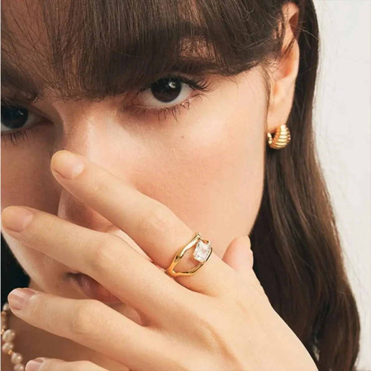 R2420 Double-Layer Hollow Ring 18k Stainless Steel White Rectangular Zircon Stone Rings