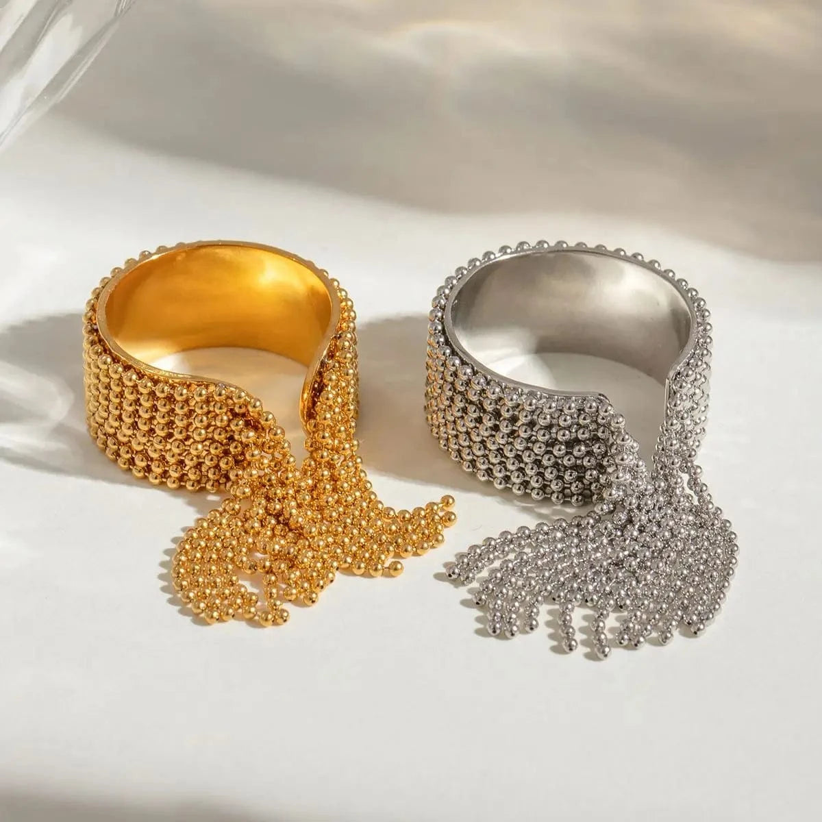 R2432 Multi-Layer Beaded Tassel Open Ring 18k Stainless Steel Eight-Layer Adjustable Design Rings