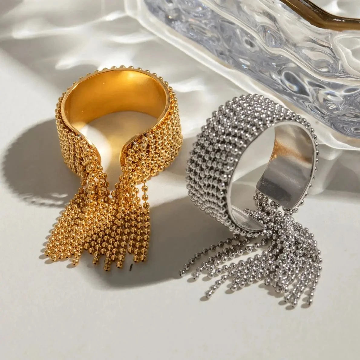 R2432 Multi-Layer Beaded Tassel Open Ring 18k Stainless Steel Eight-Layer Adjustable Design Rings
