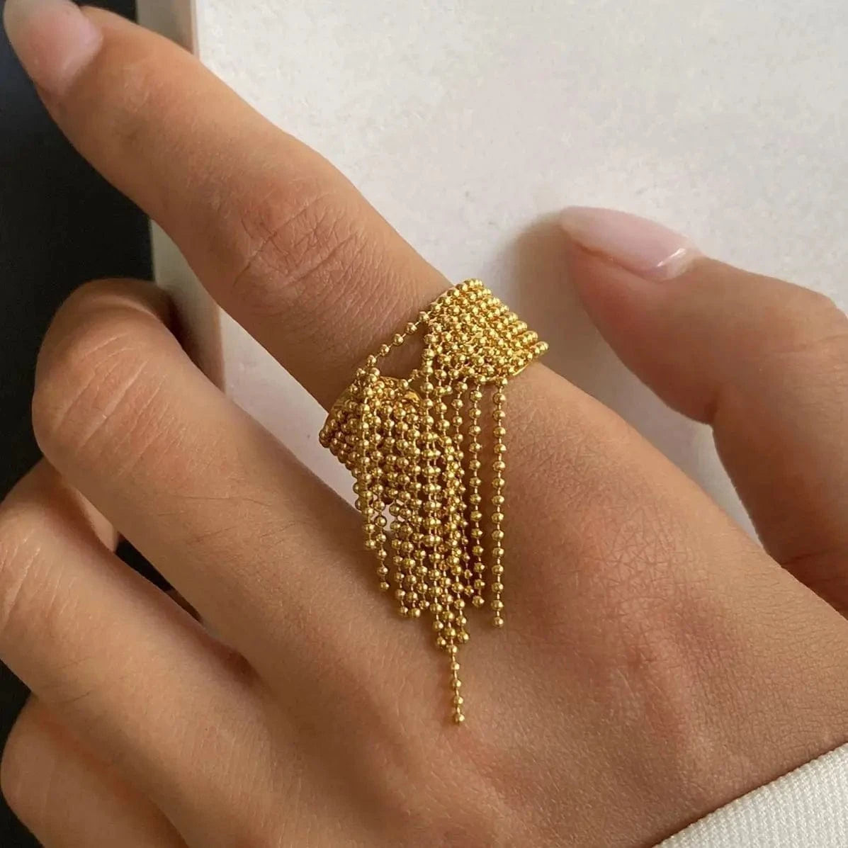 R2432 Multi-Layer Beaded Tassel Open Ring 18k Stainless Steel Eight-Layer Adjustable Design Rings
