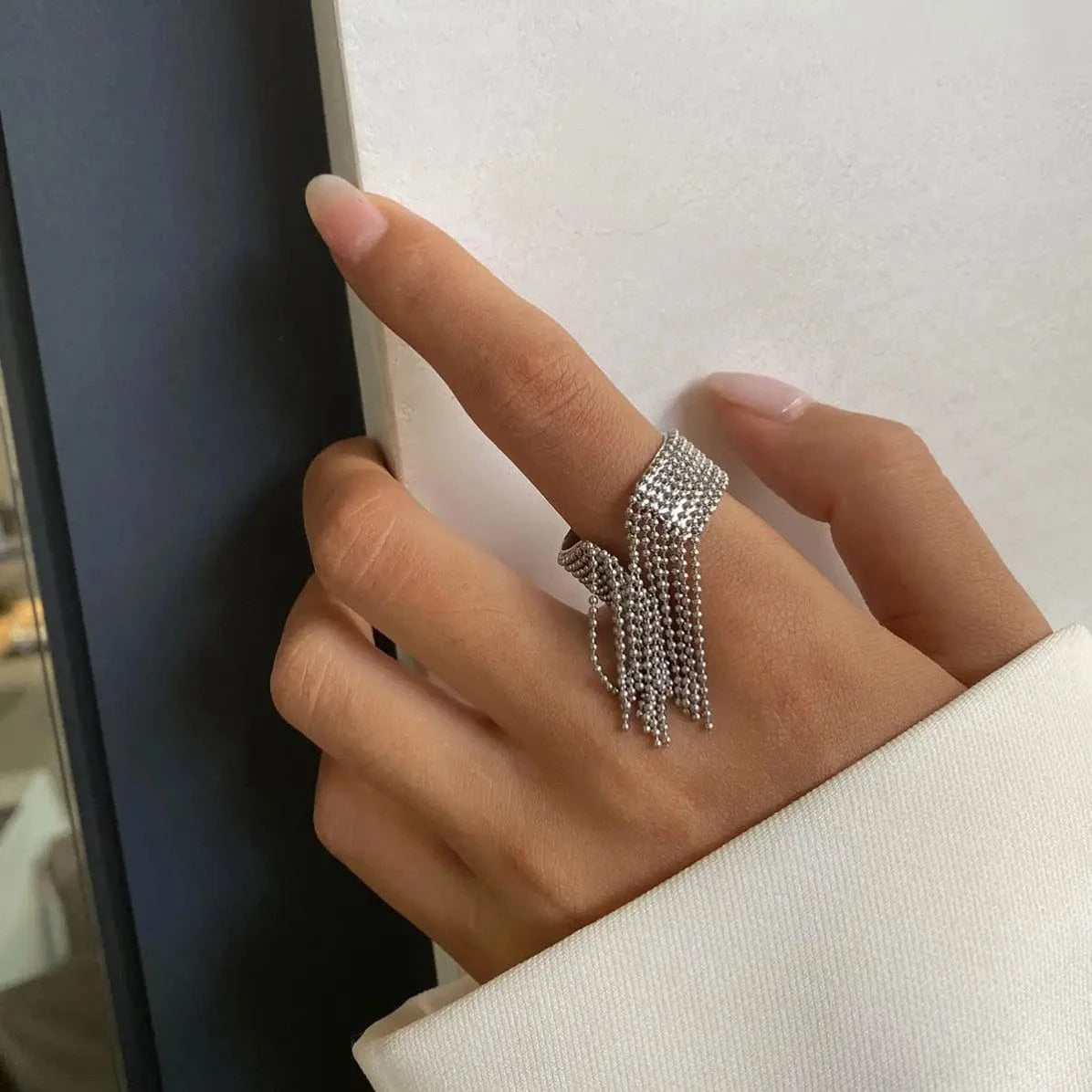 R2432 Multi-Layer Beaded Tassel Open Ring 18k Stainless Steel Eight-Layer Adjustable Design Rings
