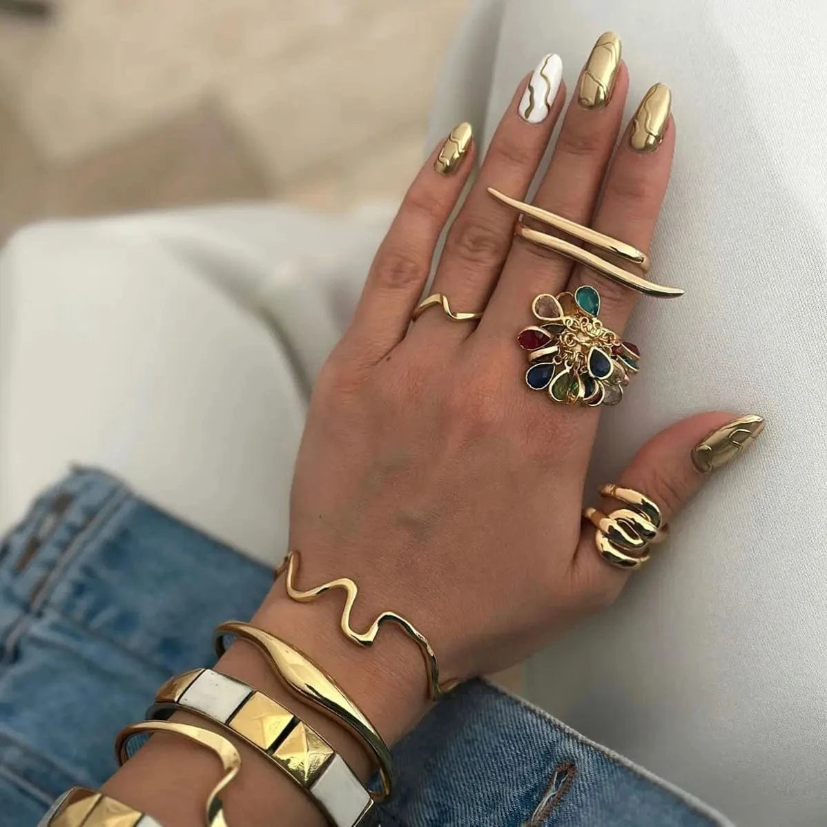 R2444 Twisted Lines Double Finger Rings 18k Stainless Steel Modern Wrap Design Rings For Women