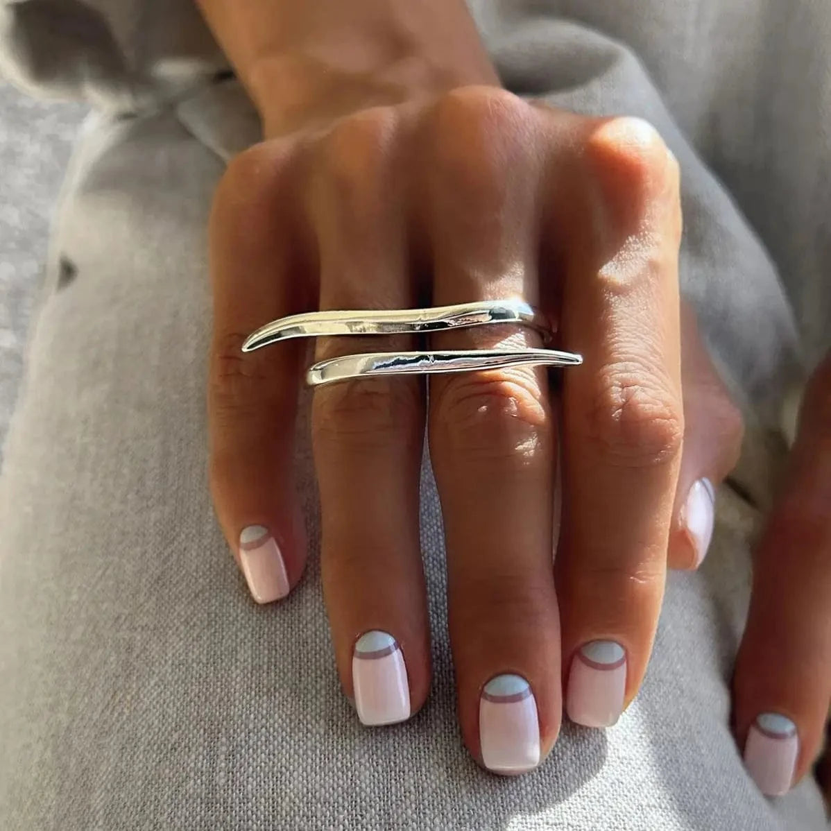 R2444 Twisted Lines Double Finger Rings 18k Stainless Steel Modern Wrap Design Rings For Women