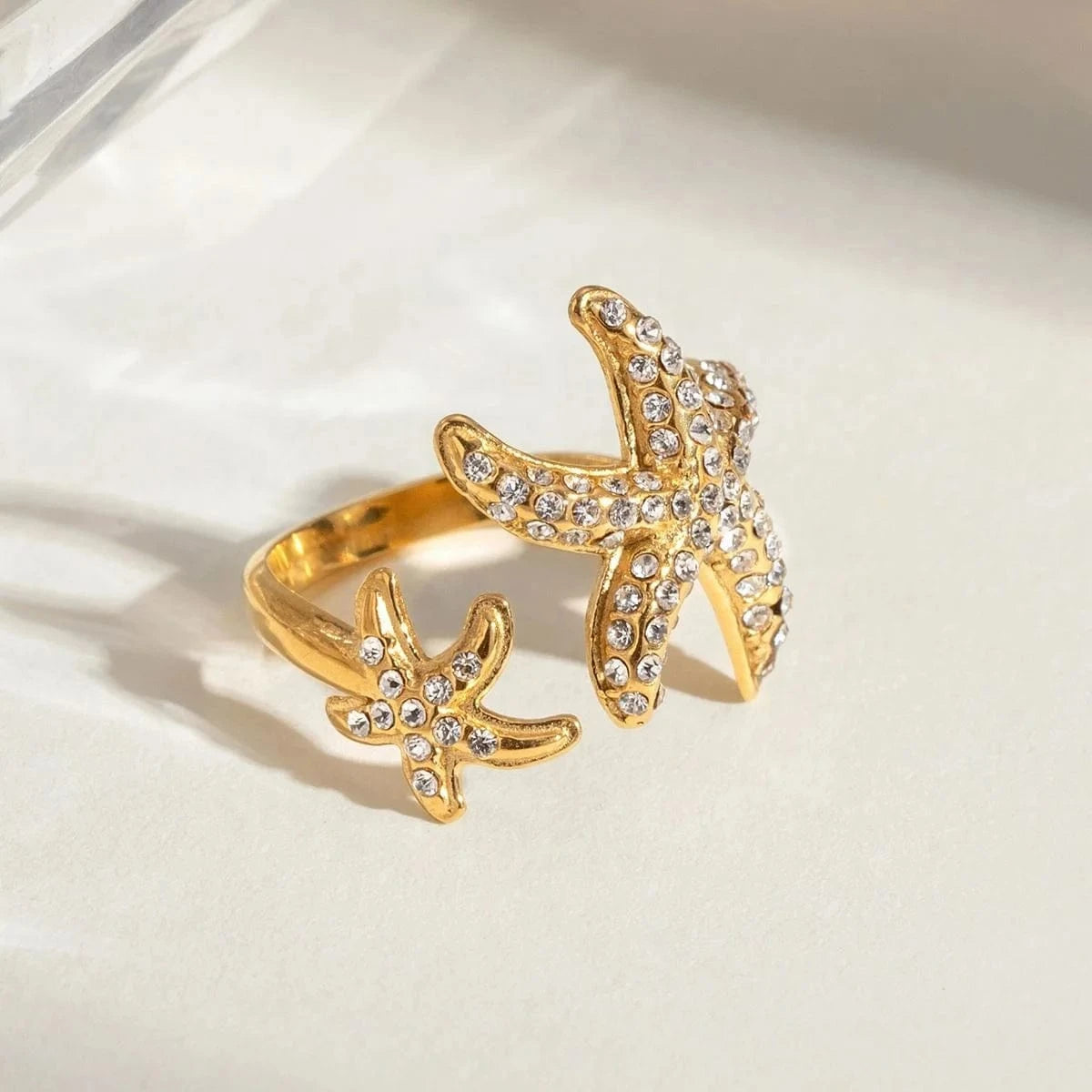 R2496 18K PVD Gold Plated Stainless Steel Searing White Zircon Starfish Ocean Open Ring Jewelry For Women