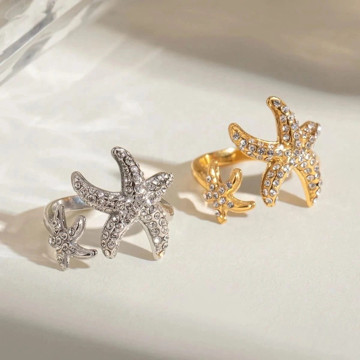 R2496 18K PVD Gold Plated Stainless Steel Searing White Zircon Starfish Ocean Open Ring Jewelry For Women