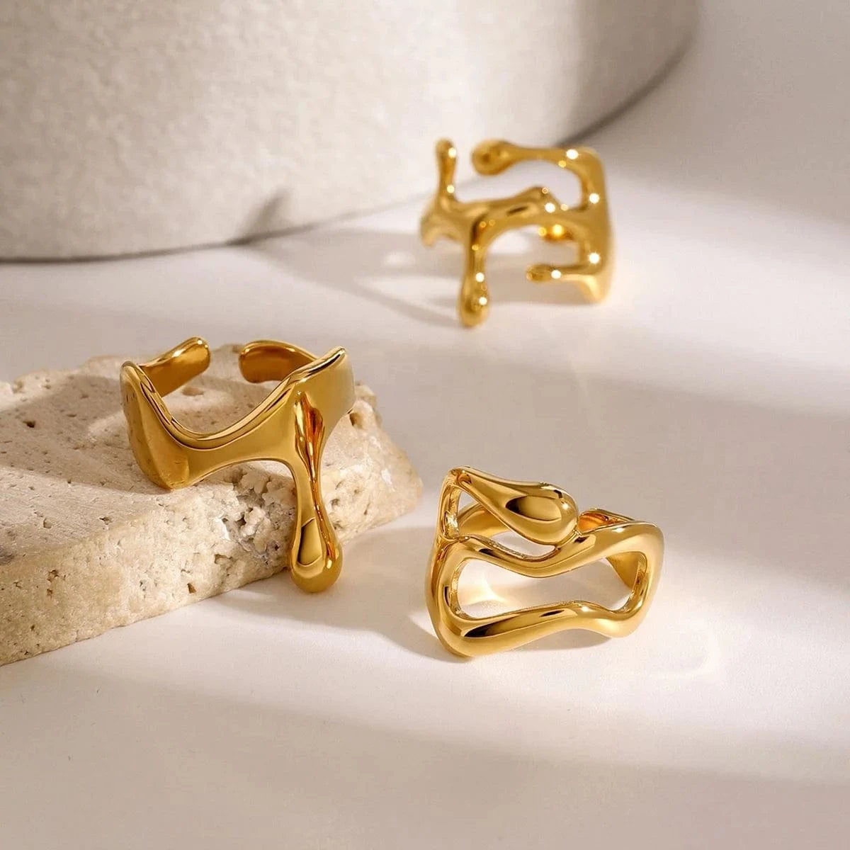 R2498 18K PVD Gold Plated Stainless Steel Liquid Drop OpenTarnish-Free Waterproof Ring Jewelry For Women