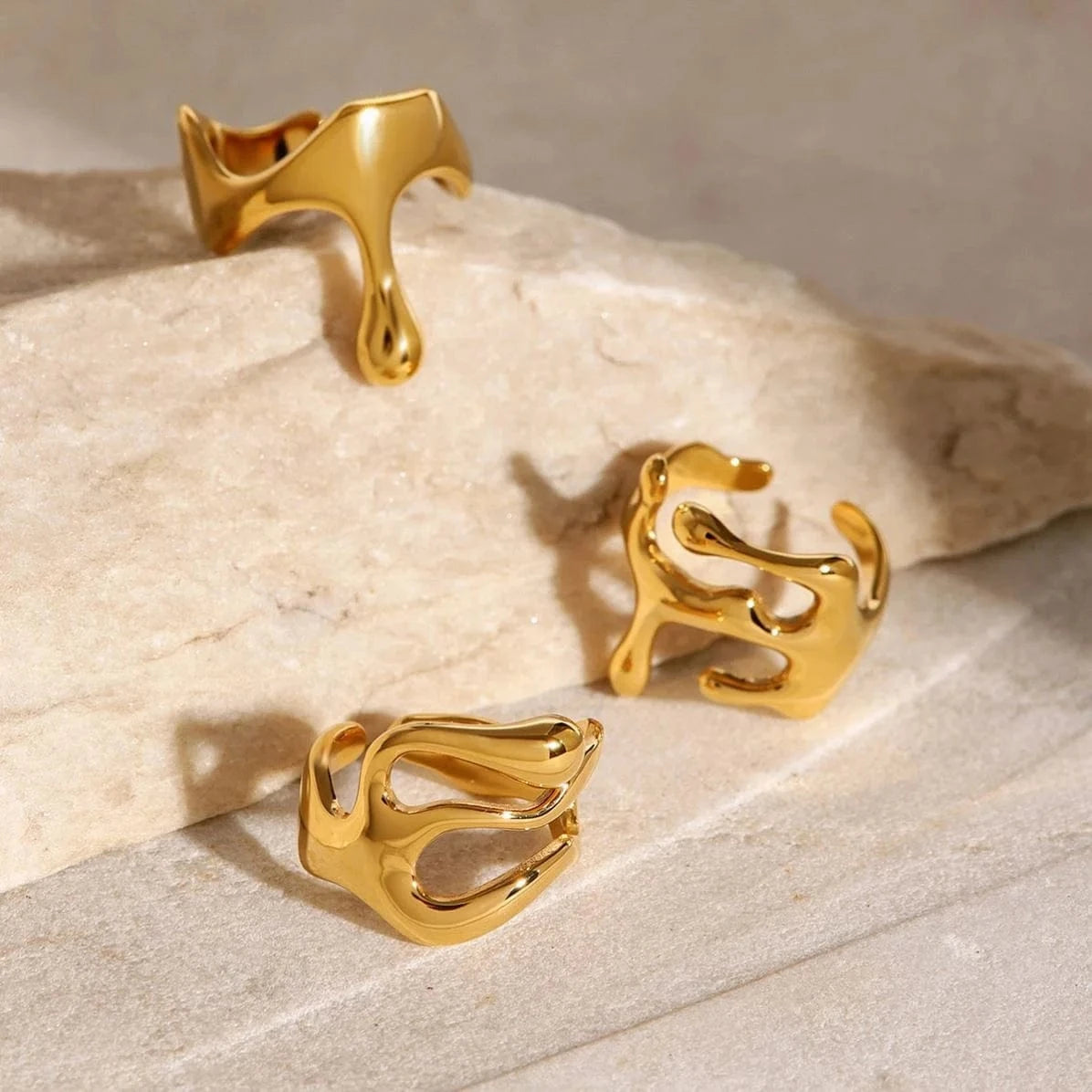 R2498 18K PVD Gold Plated Stainless Steel Liquid Drop OpenTarnish-Free Waterproof Ring Jewelry For Women