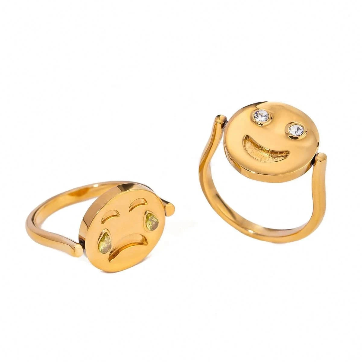 R2500 Funny Cute Stainless Steel 18K Gold Rings Reversible Round Crying Smiley Face Ring With Zirconia
