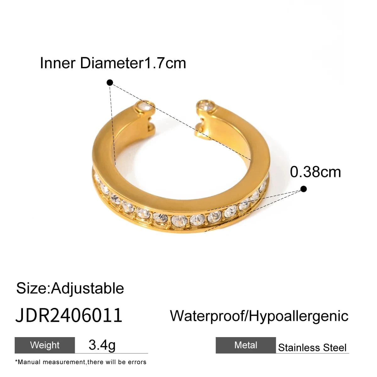 R2525 Simple Wedding Stainless Steel Rings 18K Gold Full Rhinestone Open Rings For Women