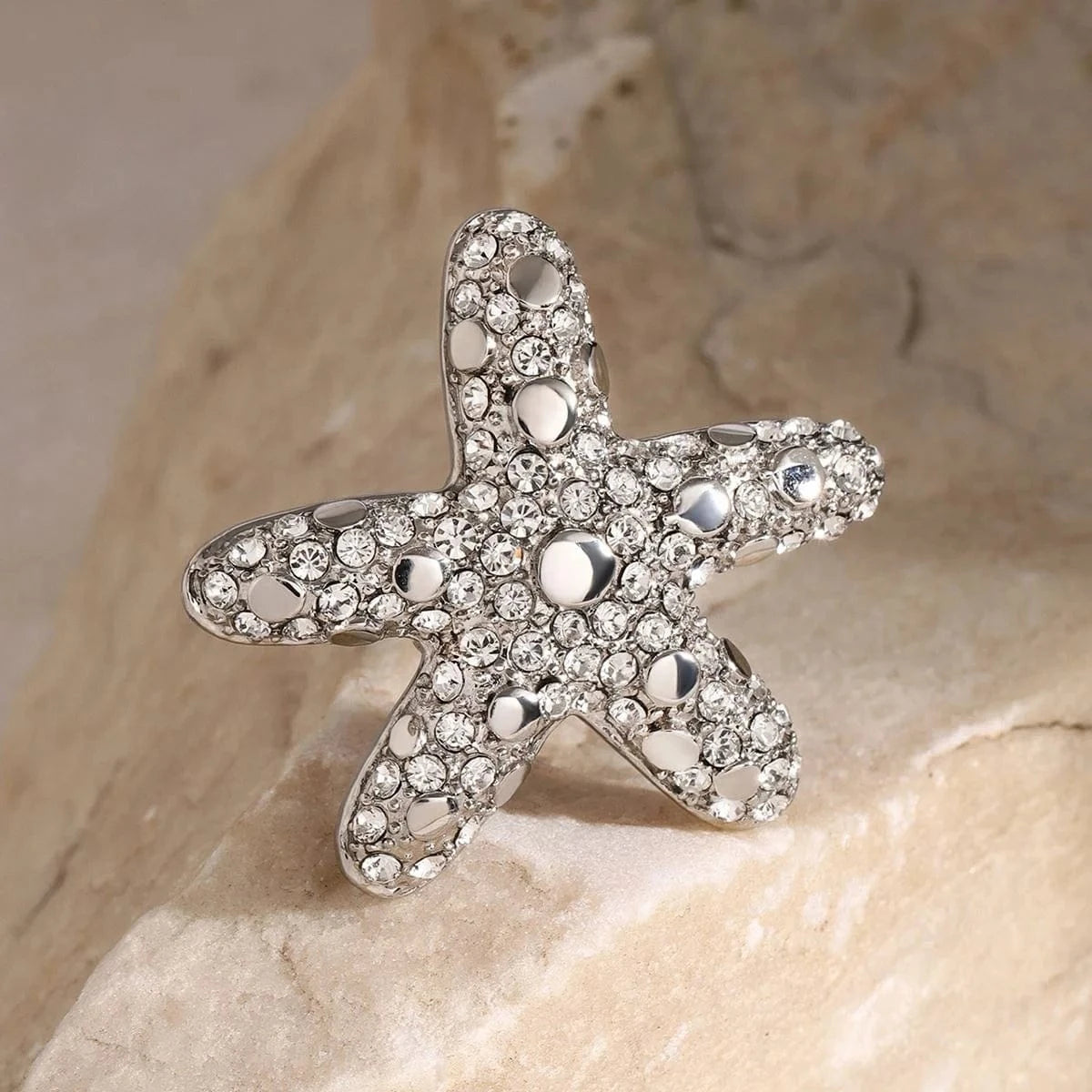 R2527 Luxury Summer Design Waterproof Stainless Steel Rings 18K Gold Starfish Rings With Rhinestones