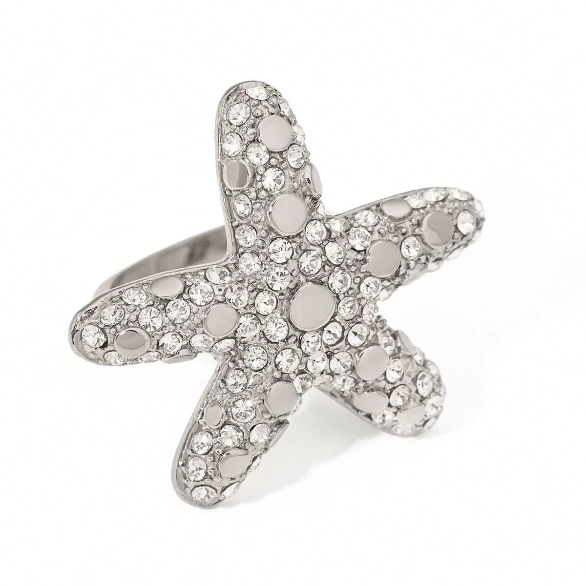 R2527 Luxury Summer Design Waterproof Stainless Steel Rings 18K Gold Starfish Rings With Rhinestones
