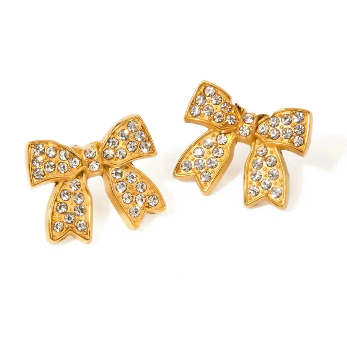 R2608 Design 18K PVD Gold Steel High Pave Knot Bow Ring Earrings for Women