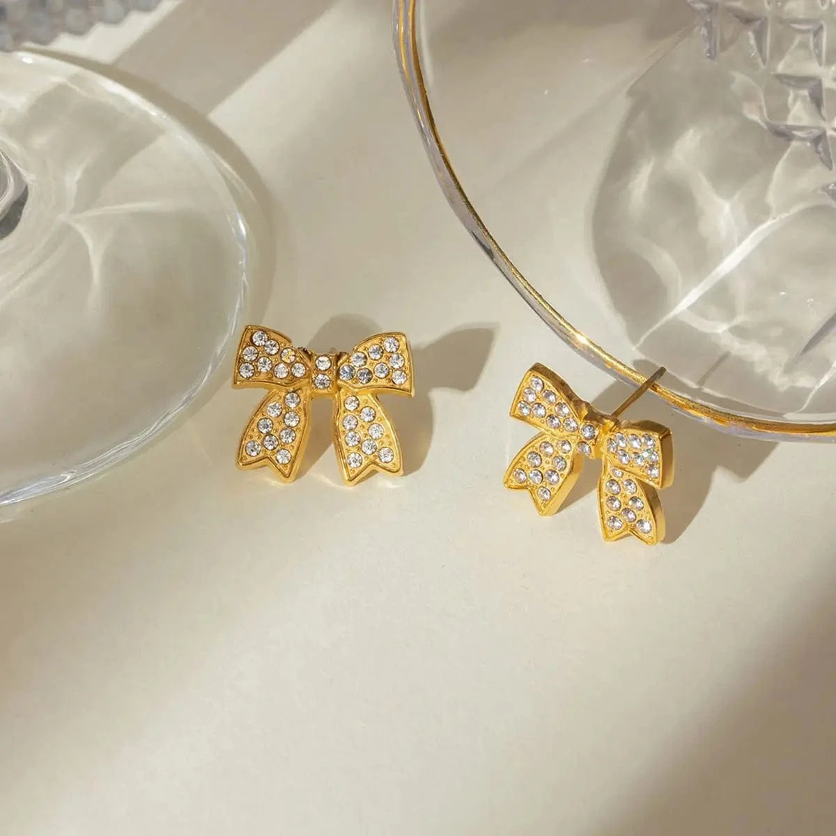 R2608 Design 18K PVD Gold Steel High Pave Knot Bow Ring Earrings for Women