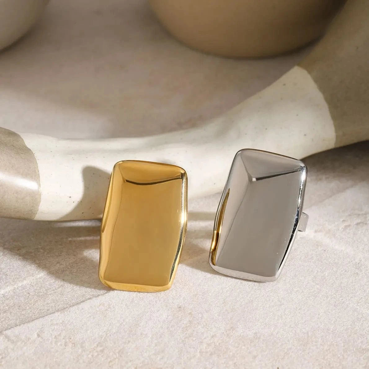 R2634 Minimalist Stainless Steel 18K Gold Rings Jewelry Women Rectangular Glossy Chunky Open Rings