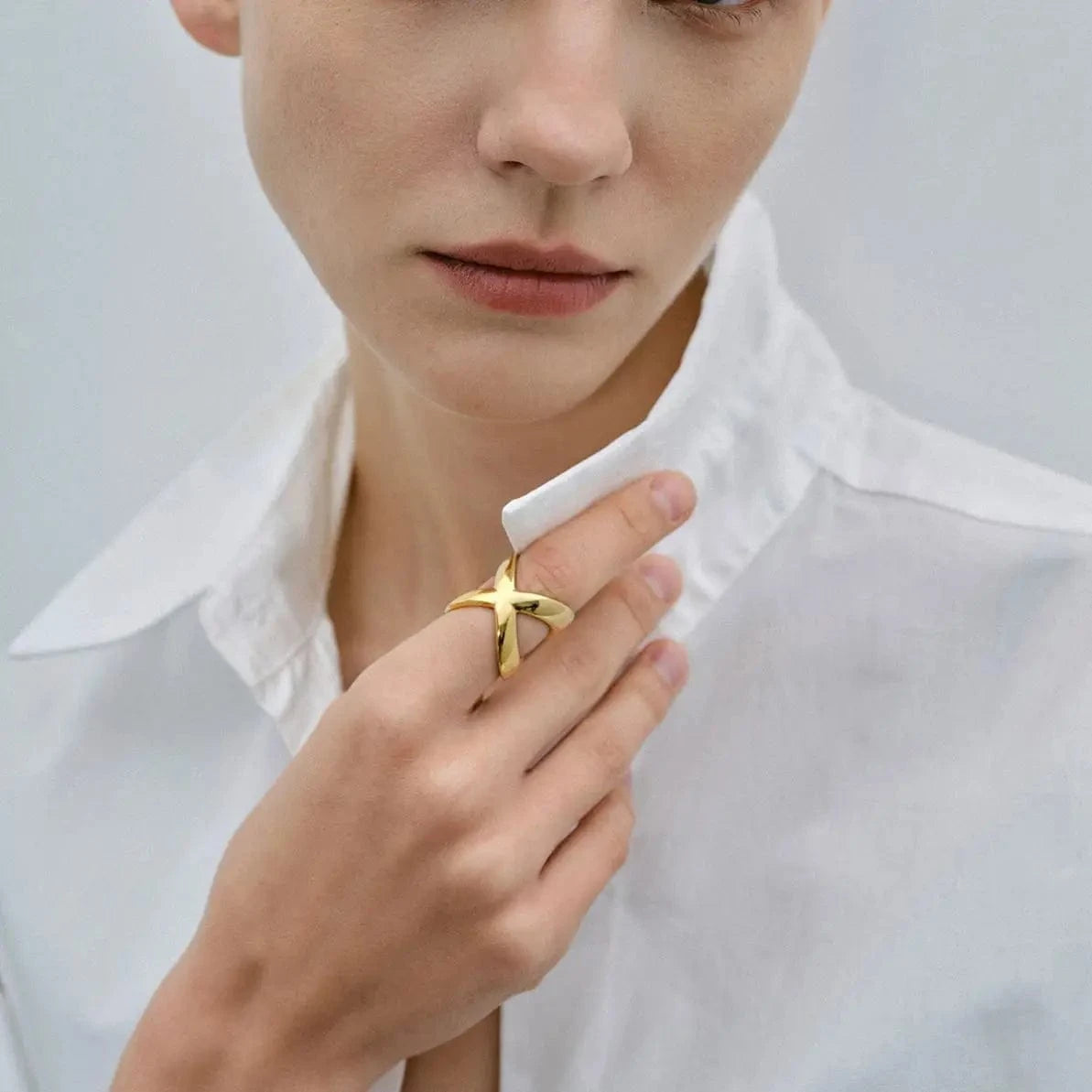 R2645 Minimalist Design Jewelry Stainless Steel Rings For Women 18K Gold Plated Glossy Cross Rings