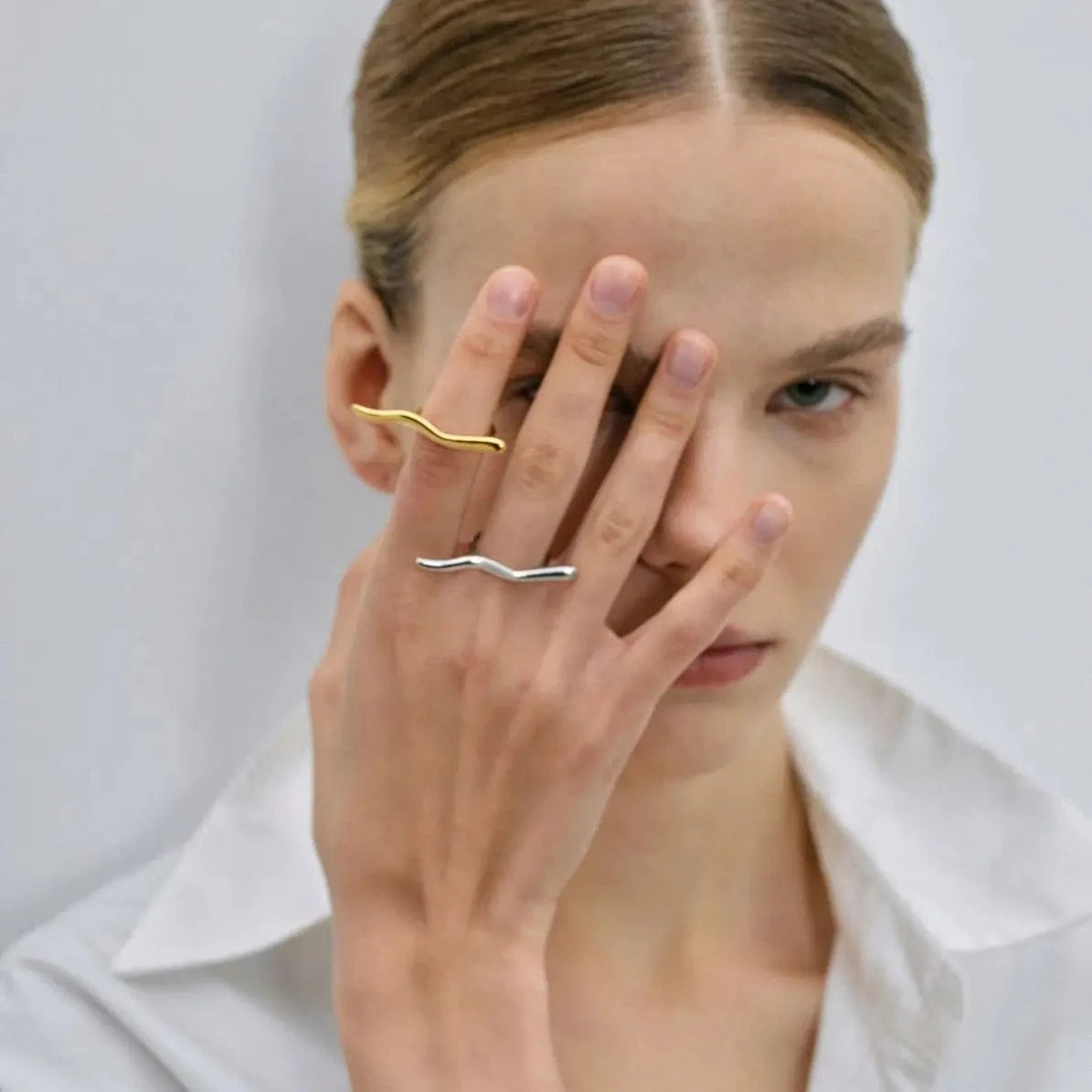 R2647 Simple 18K Gold Plated Rings Jewelry Women Stainless Steel Adjustable Corrugated Line Open Rings