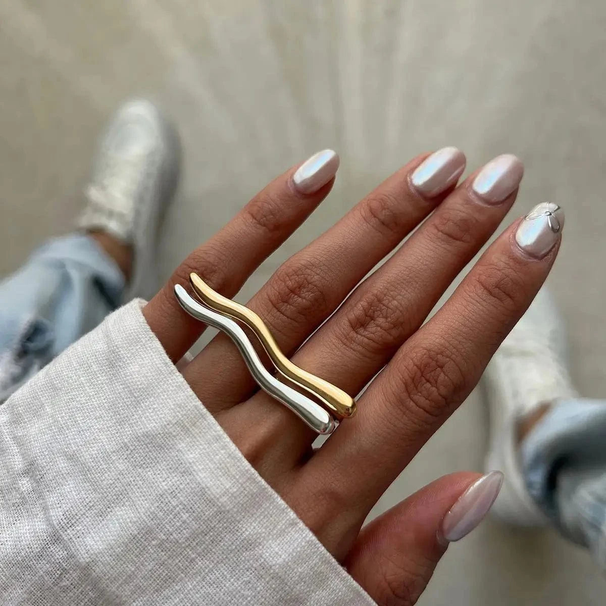 R2647 Simple 18K Gold Plated Rings Jewelry Women Stainless Steel Adjustable Corrugated Line Open Rings