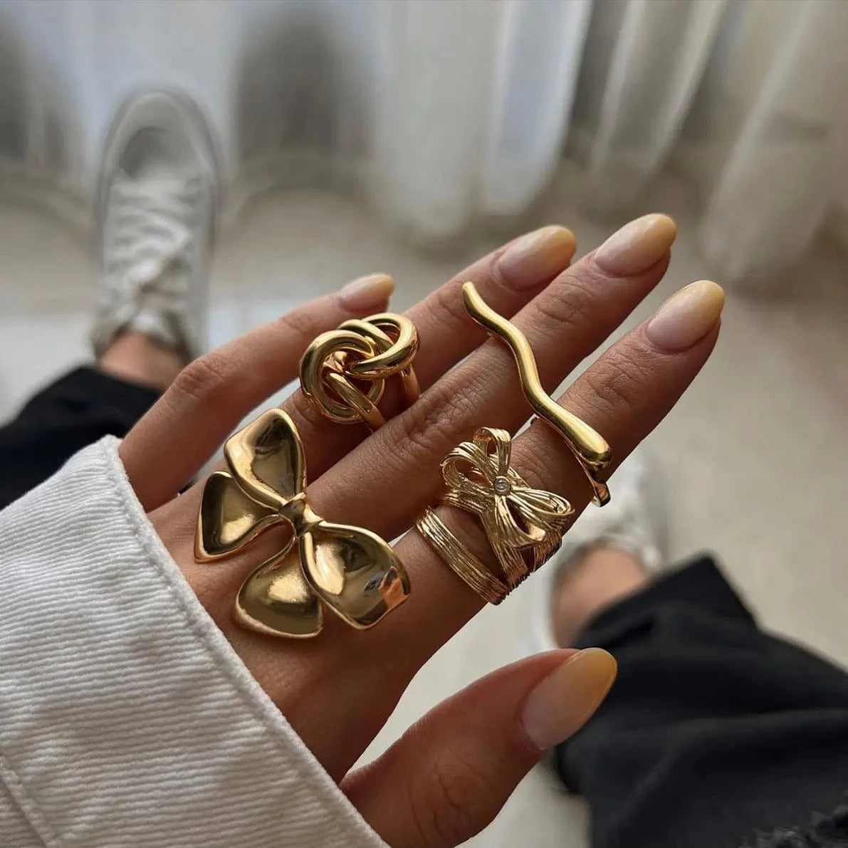 R2647 Simple 18K Gold Plated Rings Jewelry Women Stainless Steel Adjustable Corrugated Line Open Rings
