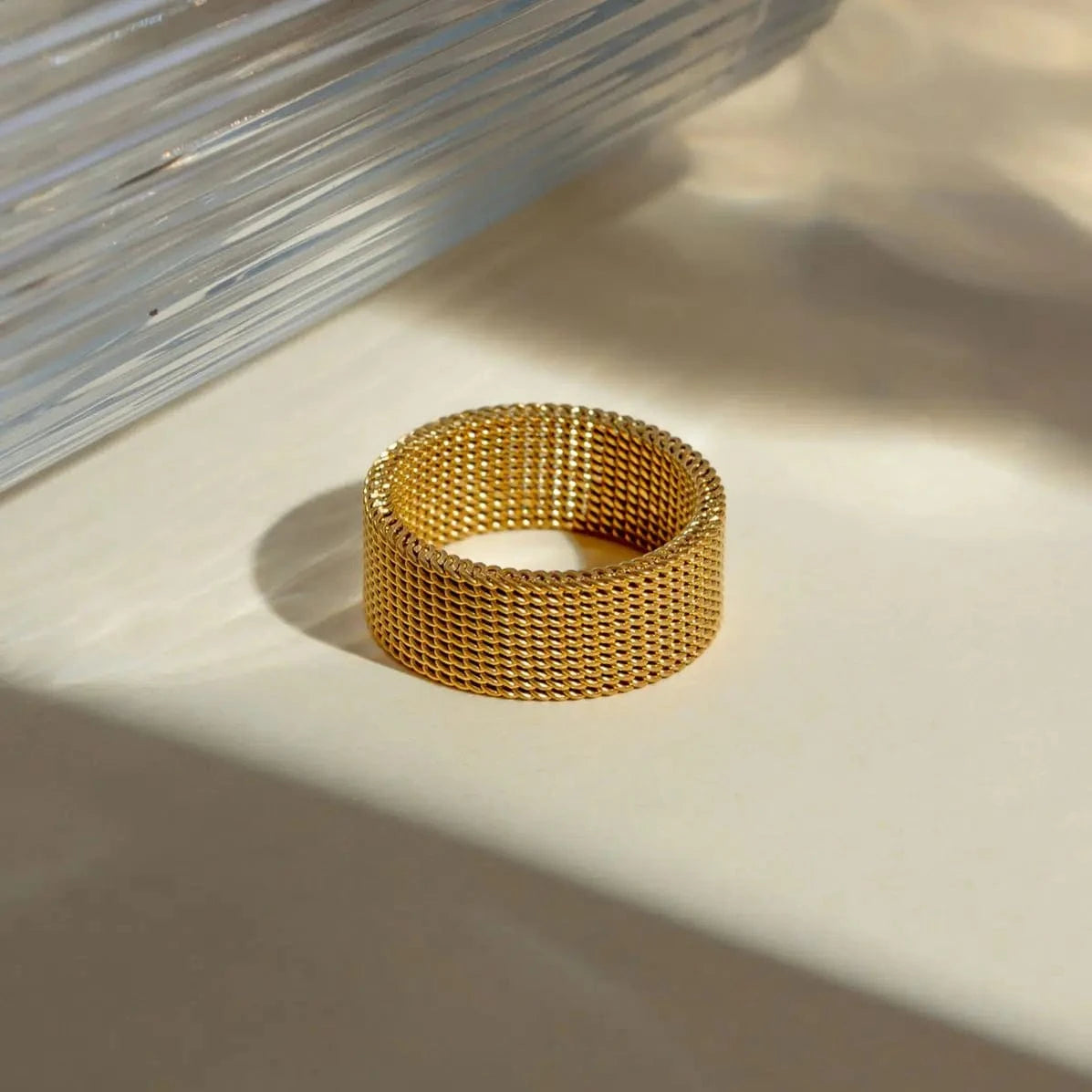 R2668 Fashion Jewelry 18K PVD Gold Plated 8mm Wide Mesh Chain Finger Ring Stainless Steel Chunky Ring