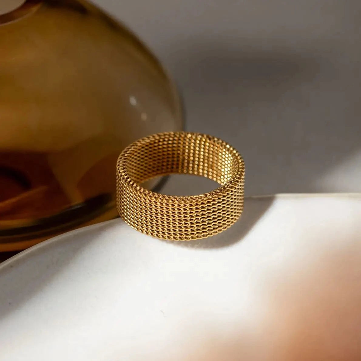 R2668 Fashion Jewelry 18K PVD Gold Plated 8mm Wide Mesh Chain Finger Ring Stainless Steel Chunky Ring