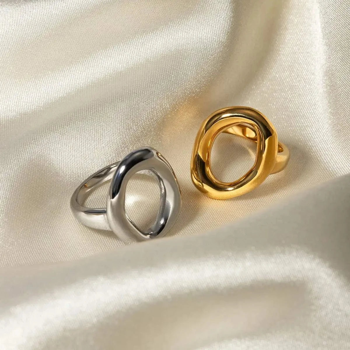 R2676 Minimalist Stainless steel 18K Gold Plated Rings For Women Fashion Irregular Oval Hollow Rings
