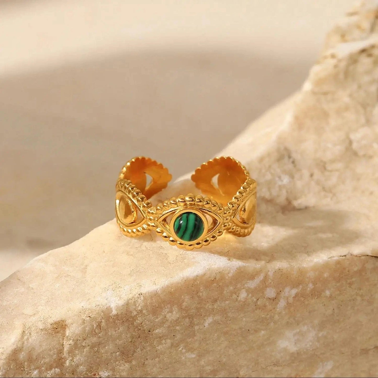 R2820 Ins Popular 18K Gold Plated Snake Green Stone Cross Ring Stainless Steel Layer Emerald Open Rings