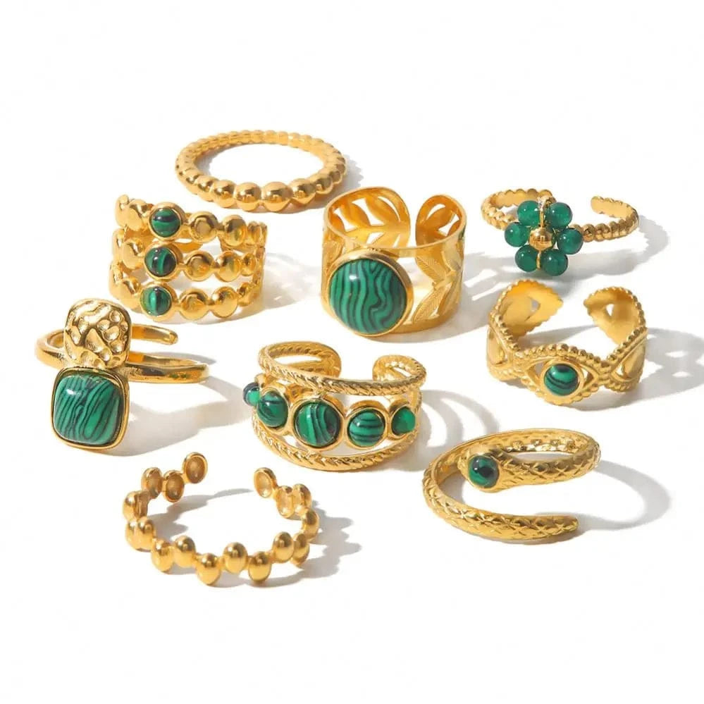 R2820 Ins Popular 18K Gold Plated Snake Green Stone Cross Ring Stainless Steel Layer Emerald Open Rings