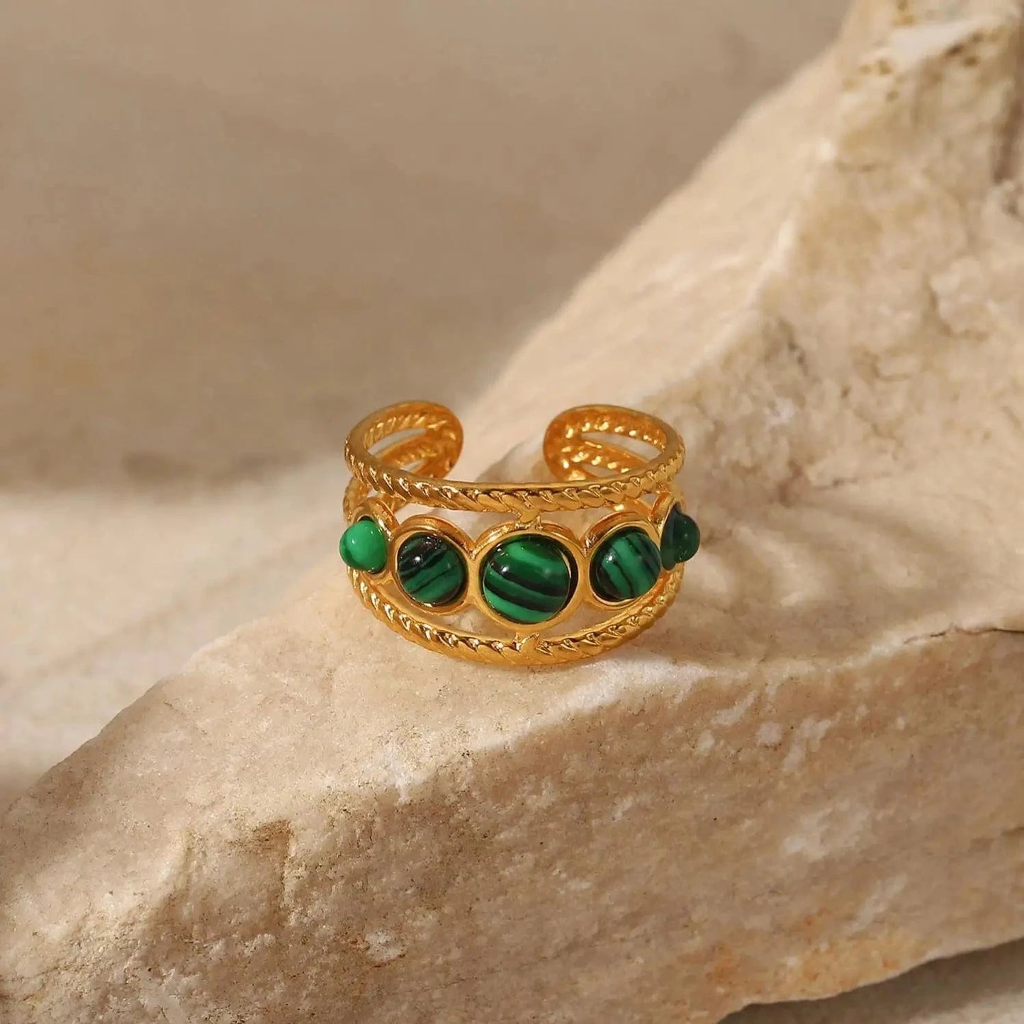 R2820 Ins Popular 18K Gold Plated Snake Green Stone Cross Ring Stainless Steel Layer Emerald Open Rings