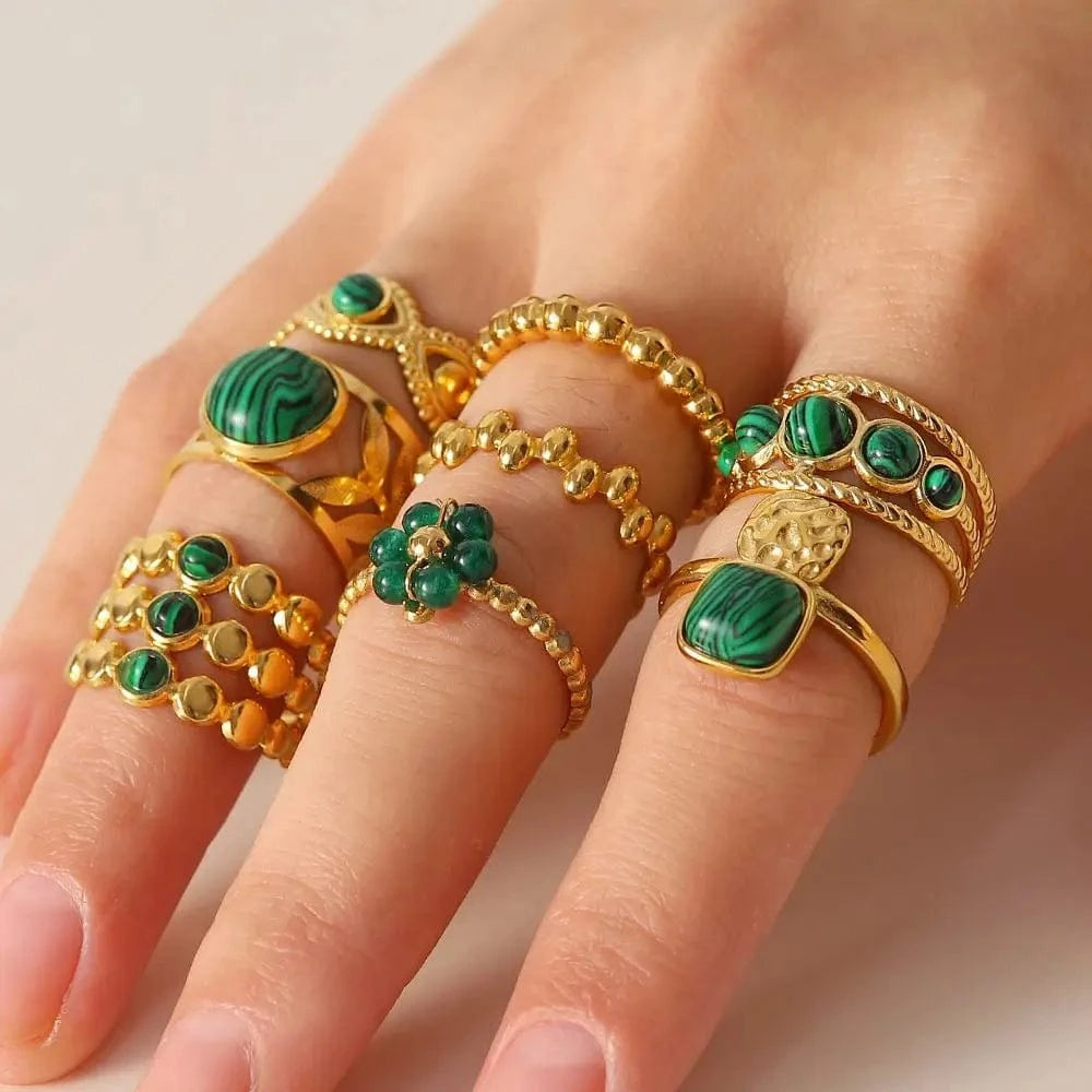 R2820 Ins Popular 18K Gold Plated Snake Green Stone Cross Ring Stainless Steel Layer Emerald Open Rings