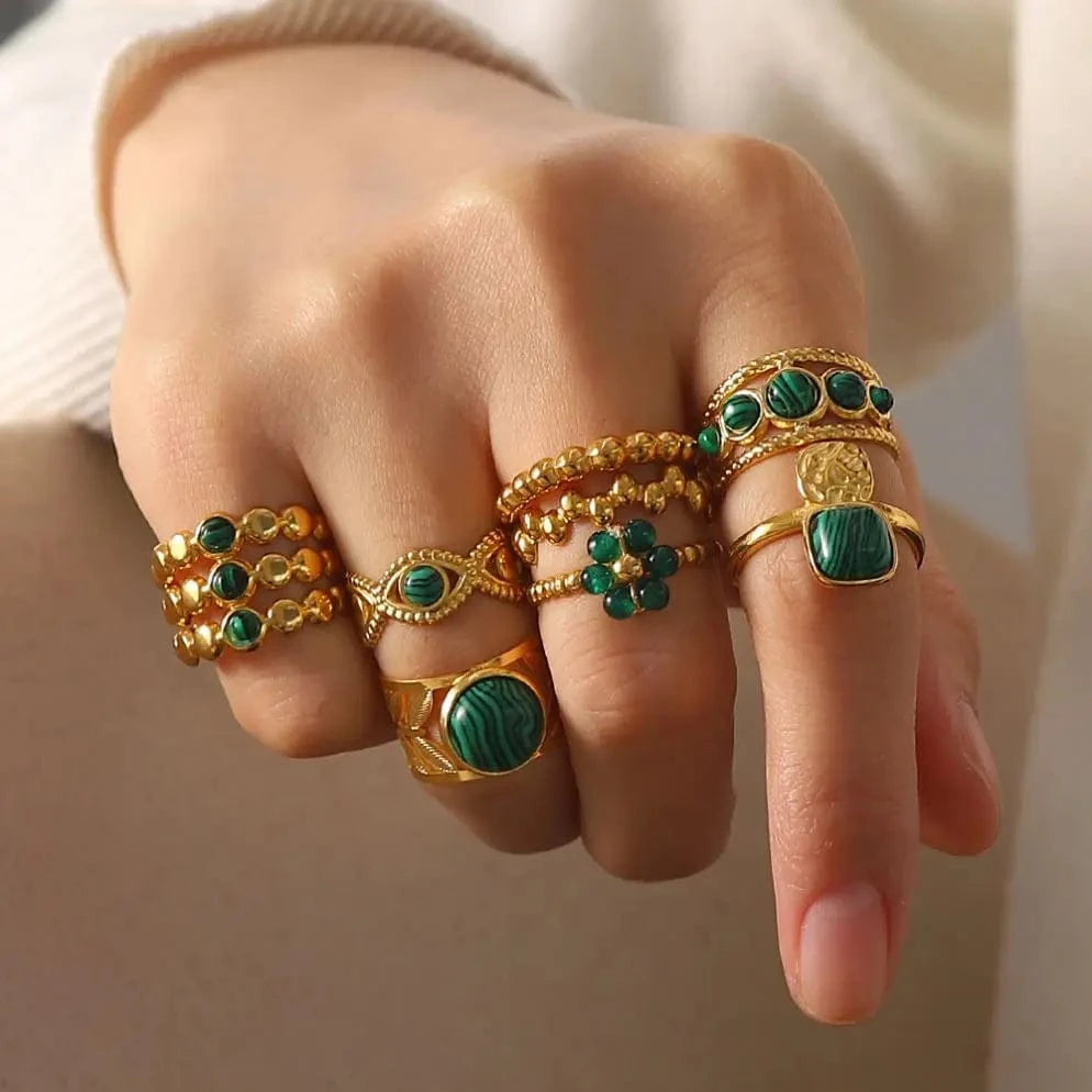 R2820 Ins Popular 18K Gold Plated Snake Green Stone Cross Ring Stainless Steel Layer Emerald Open Rings