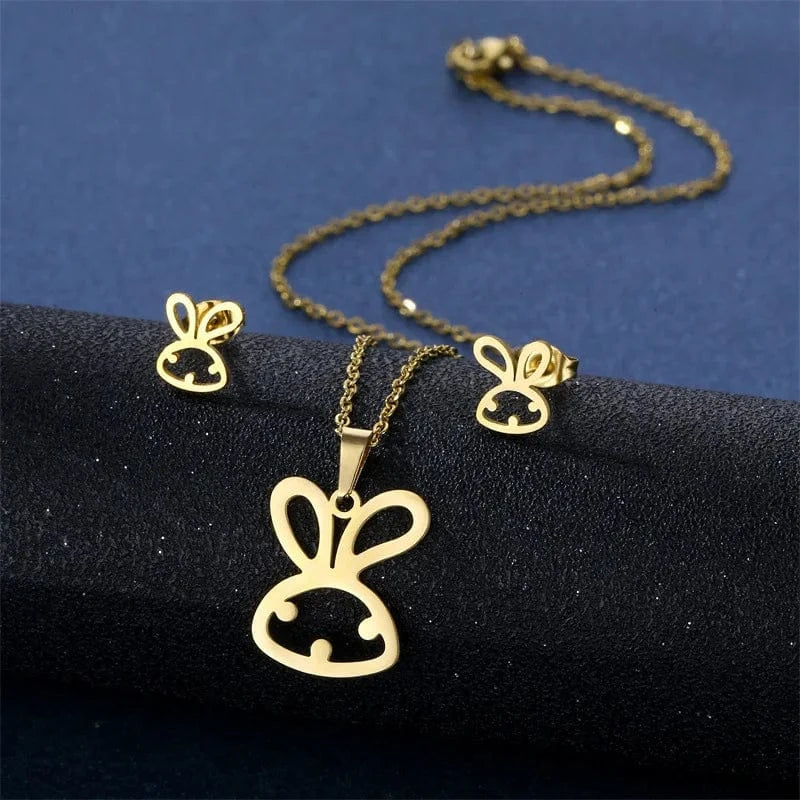 rabbit / Gold New Fashion Glossy Cute Rabbit Pendant Women's Necklace Earrings Set Personality Sweater Chain Lovely Jewelry for Women Girls