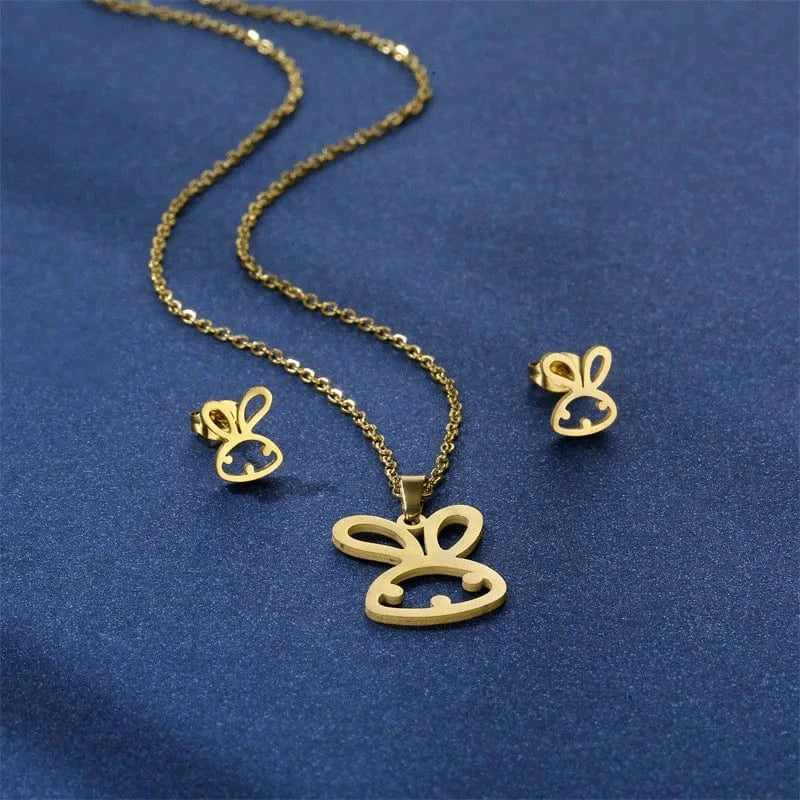 rabbit / Gold New Fashion Glossy Cute Rabbit Pendant Women's Necklace Earrings Set Personality Sweater Chain Lovely Jewelry for Women Girls